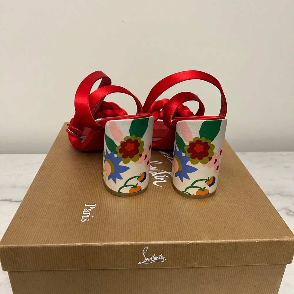 Christian Louboutin Red Satin Braided Block Heel Sandals with Painted Heel